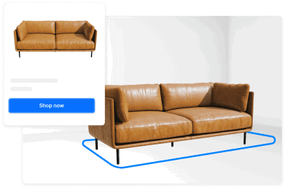 Brown leather sofa in AR view with online shop preview.
