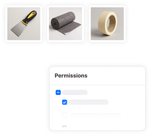 A grid of images showing various tools and a list of checkmarks with the headline "Permissions".
