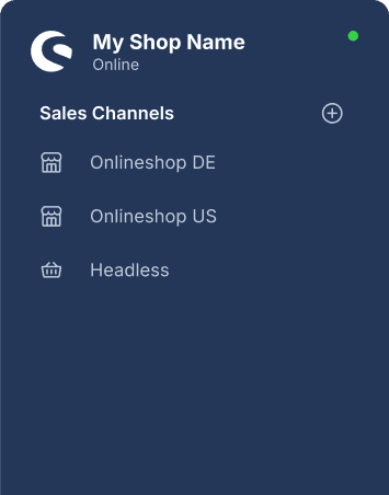 A navigation panel displaying the Shopware logo at the top. Below, there are options for different sales channels, including "Onlineshop DE", "Onlineshop US", and "Headless".
